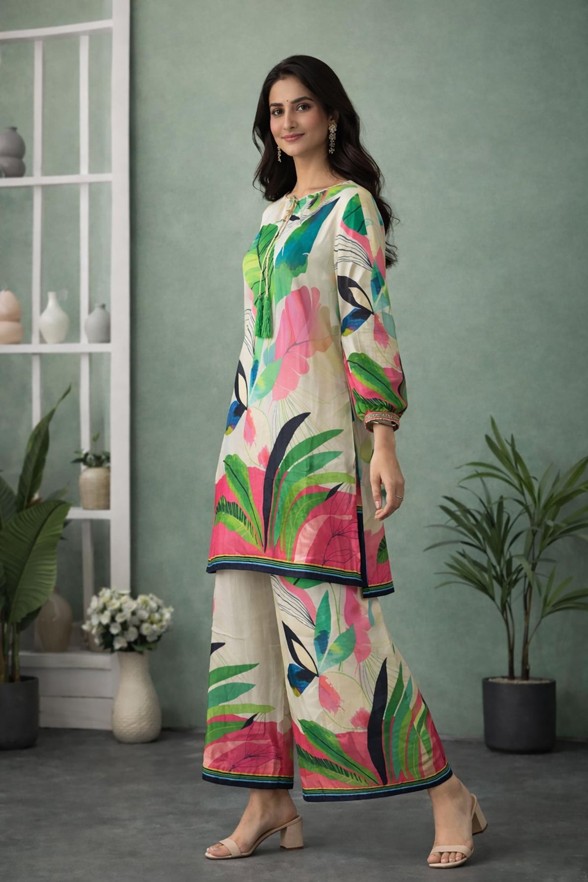 SN286 women’s ivory modal satin kurta palazzo set with long sleeves and relaxed fit, side pose
