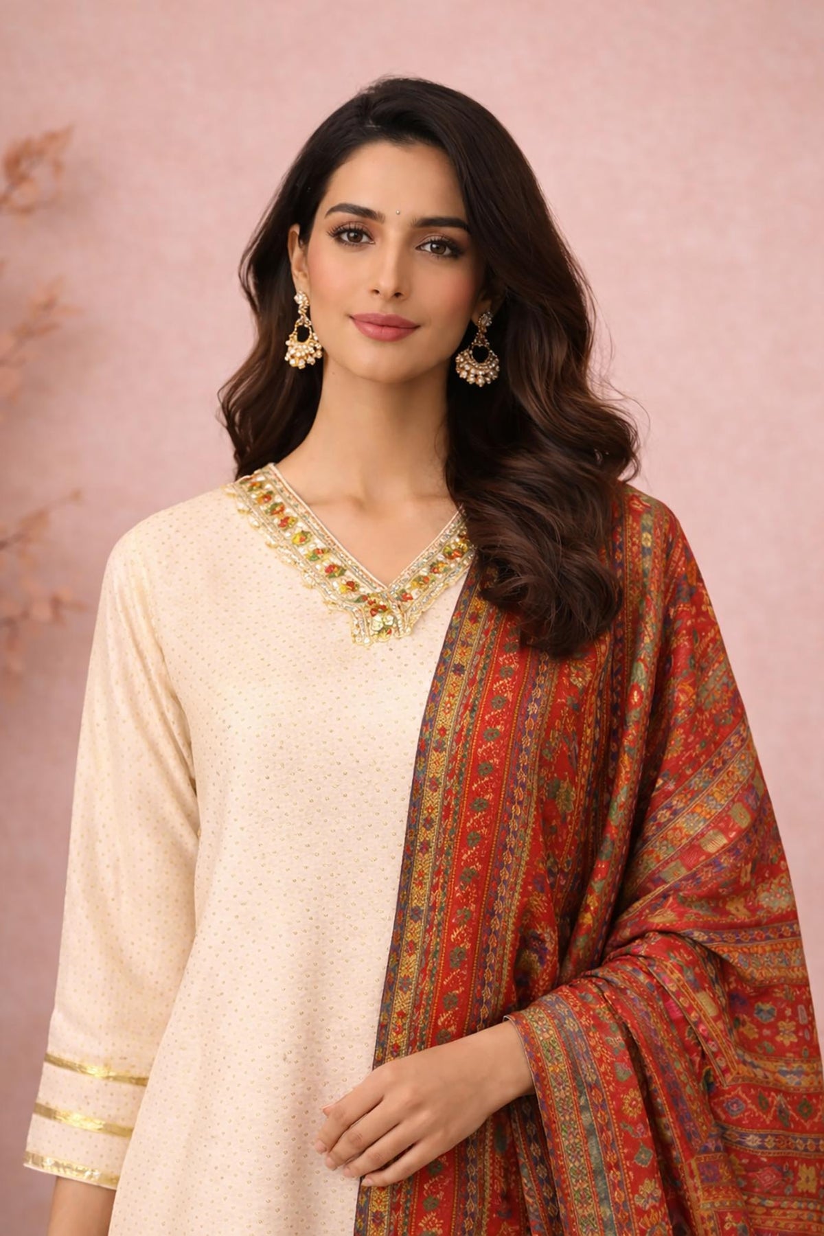 SN287 women’s ivory cotton dobby kurta with embroidered V-neck and metallic dotted texture close-up view
