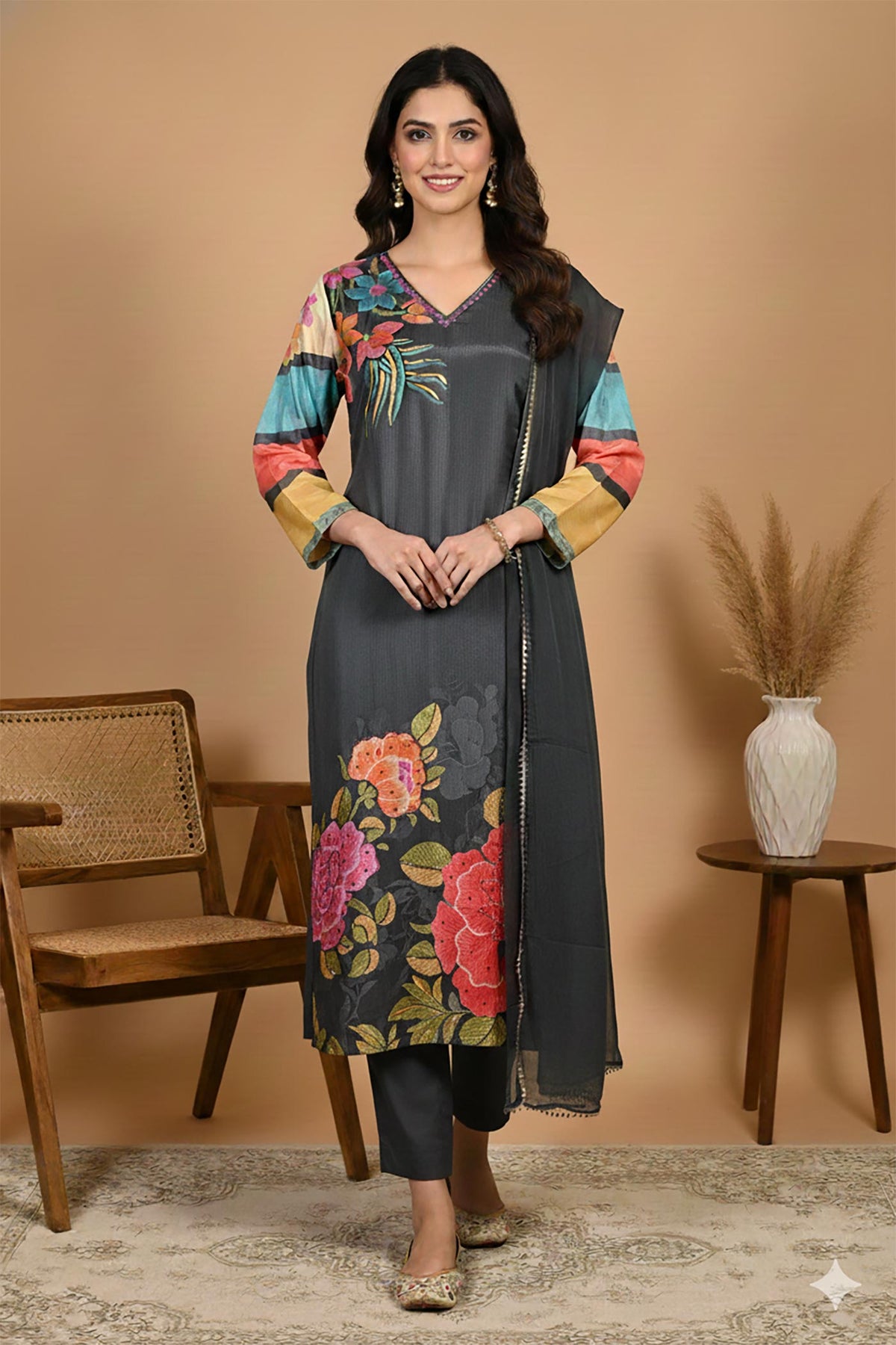 SN288 women’s charcoal floral kurta set with long sleeves, V-neck and dupatta, front view