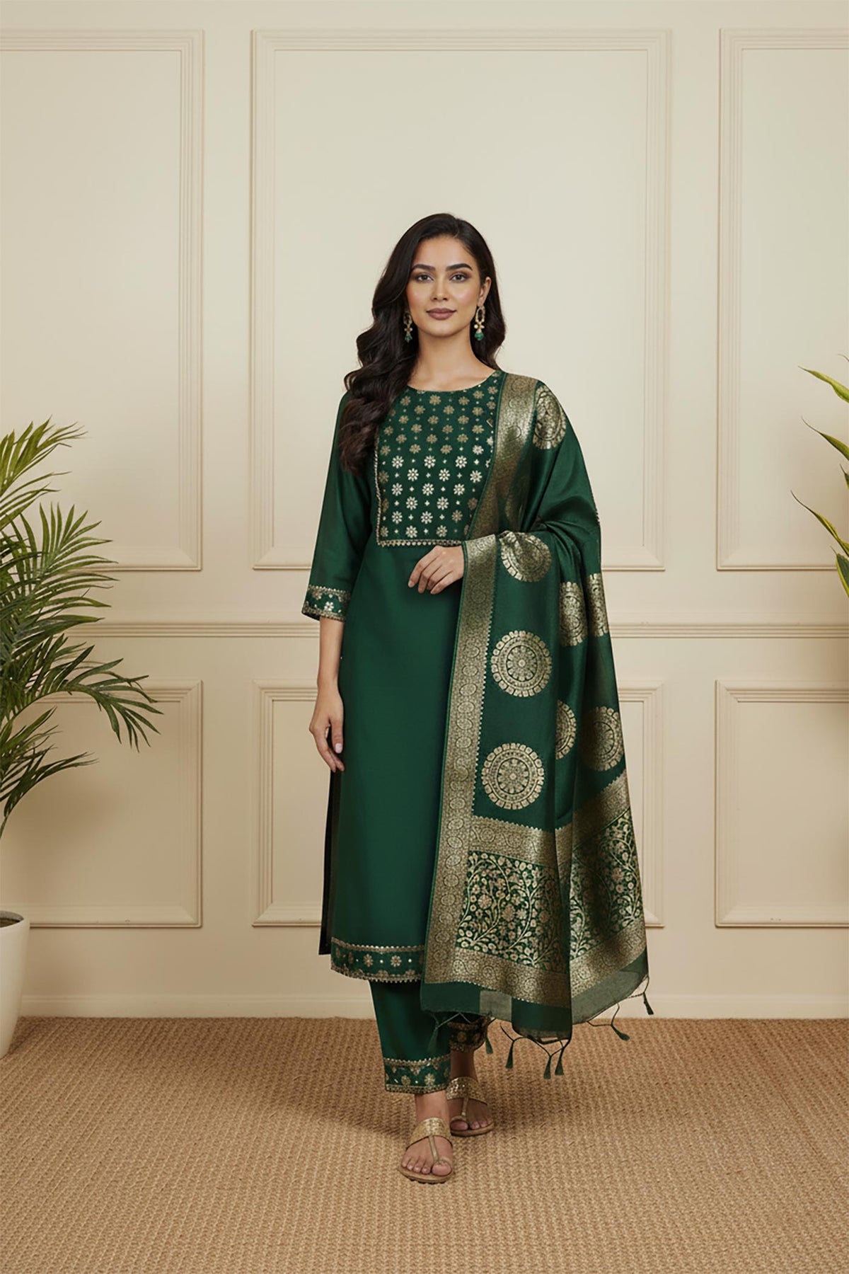 SN290 women’s forest green silk blend kurta set with gold motifs and jacquard dupatta front pose