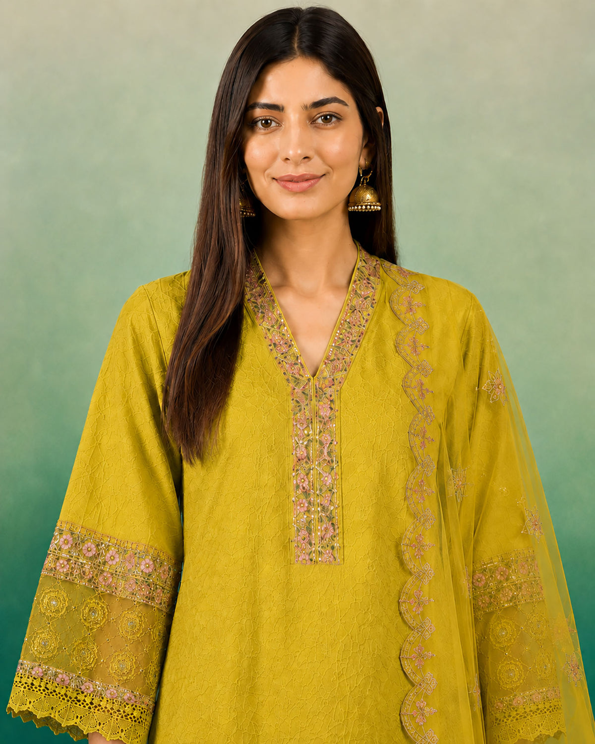 SN291 women’s mehendi green V-neck embroidered kurta set closeup showing neckline detail