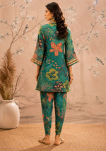 SN294 women’s teal printed poly georgette kurta co-ord set with botanical print back pose