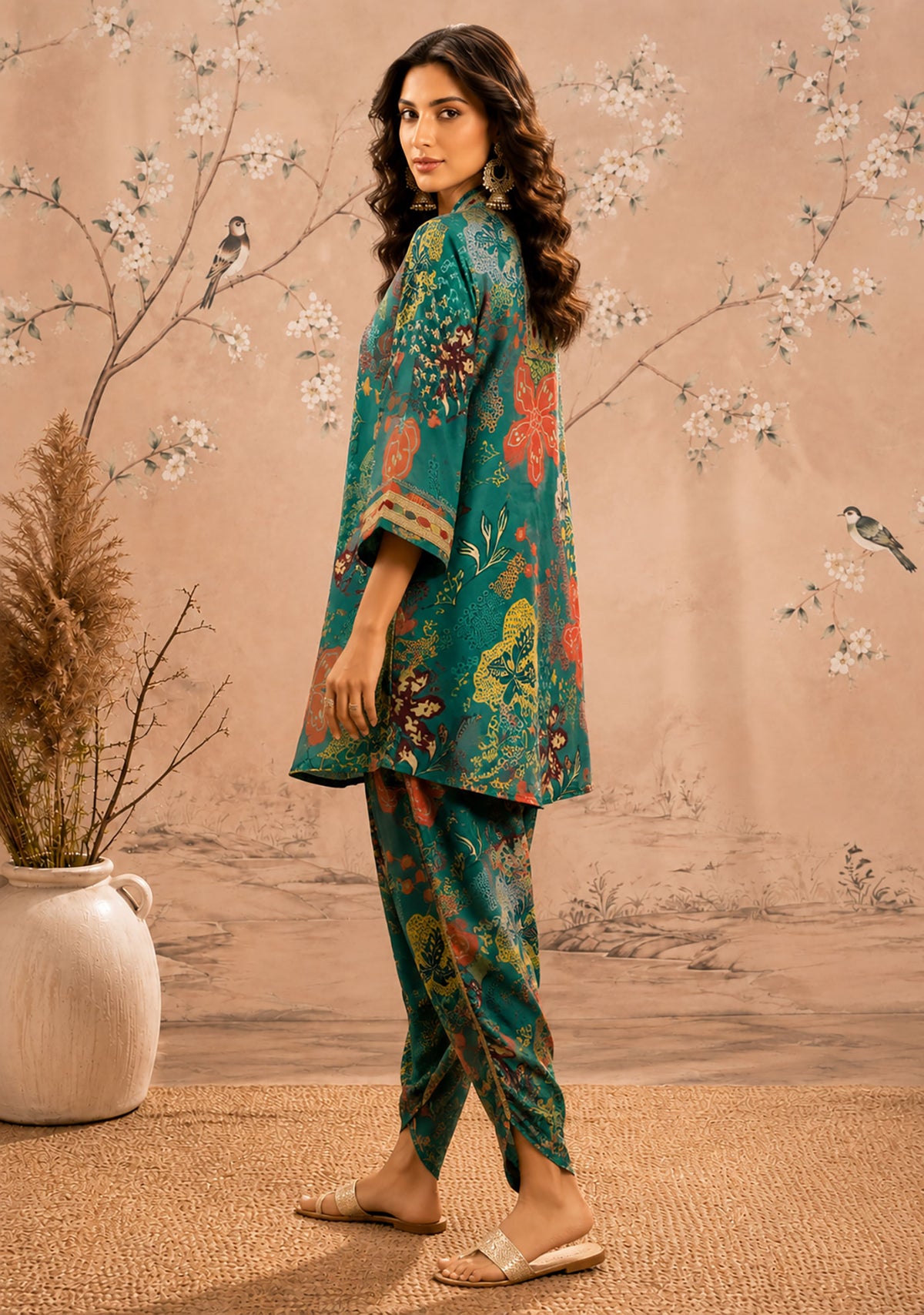 SN294 women’s teal printed poly georgette kurta co-ord set with relaxed fit side pose