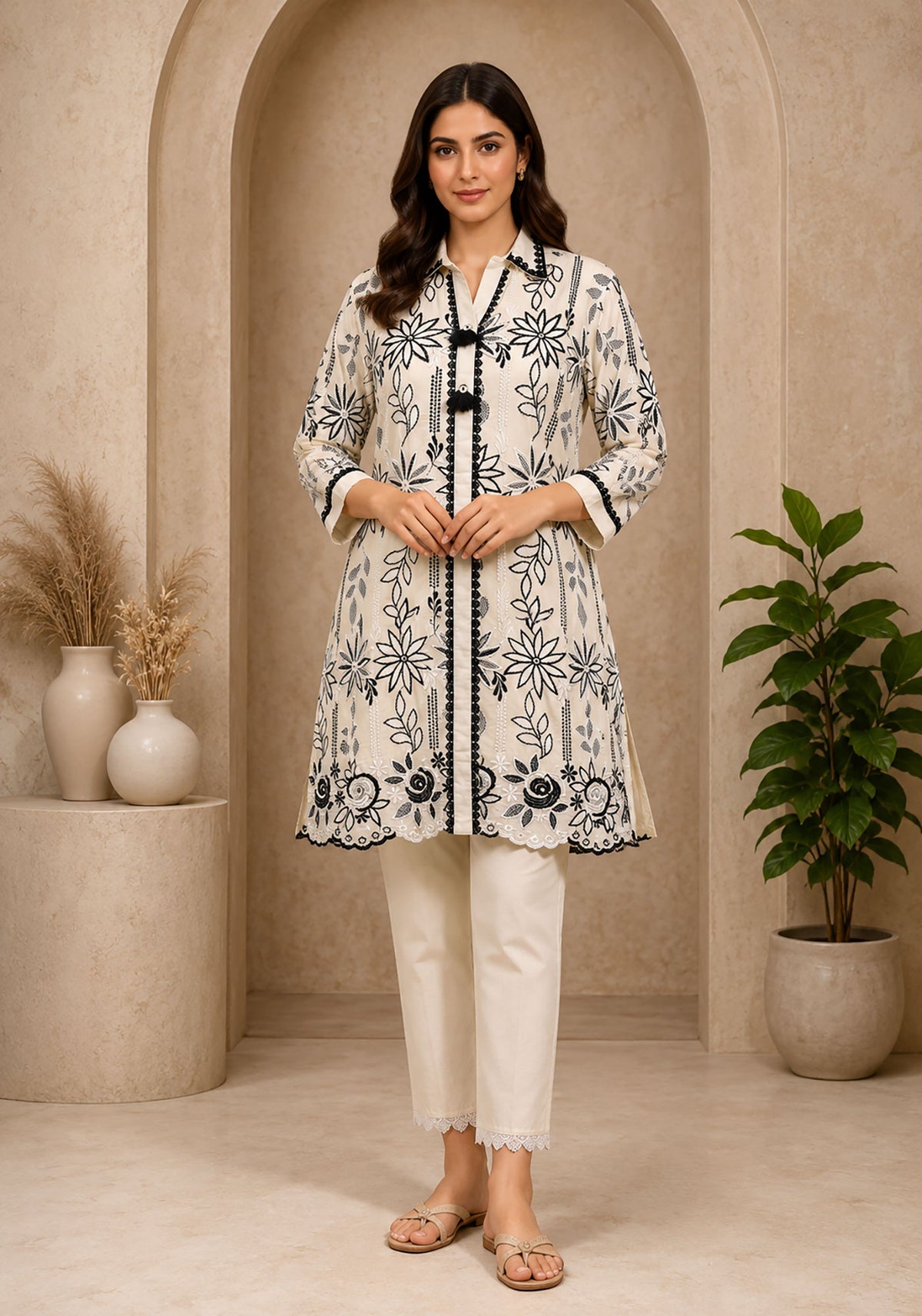 SN298 women’s long sleeve V-neck embroidered kurti set front pose in ivory and black