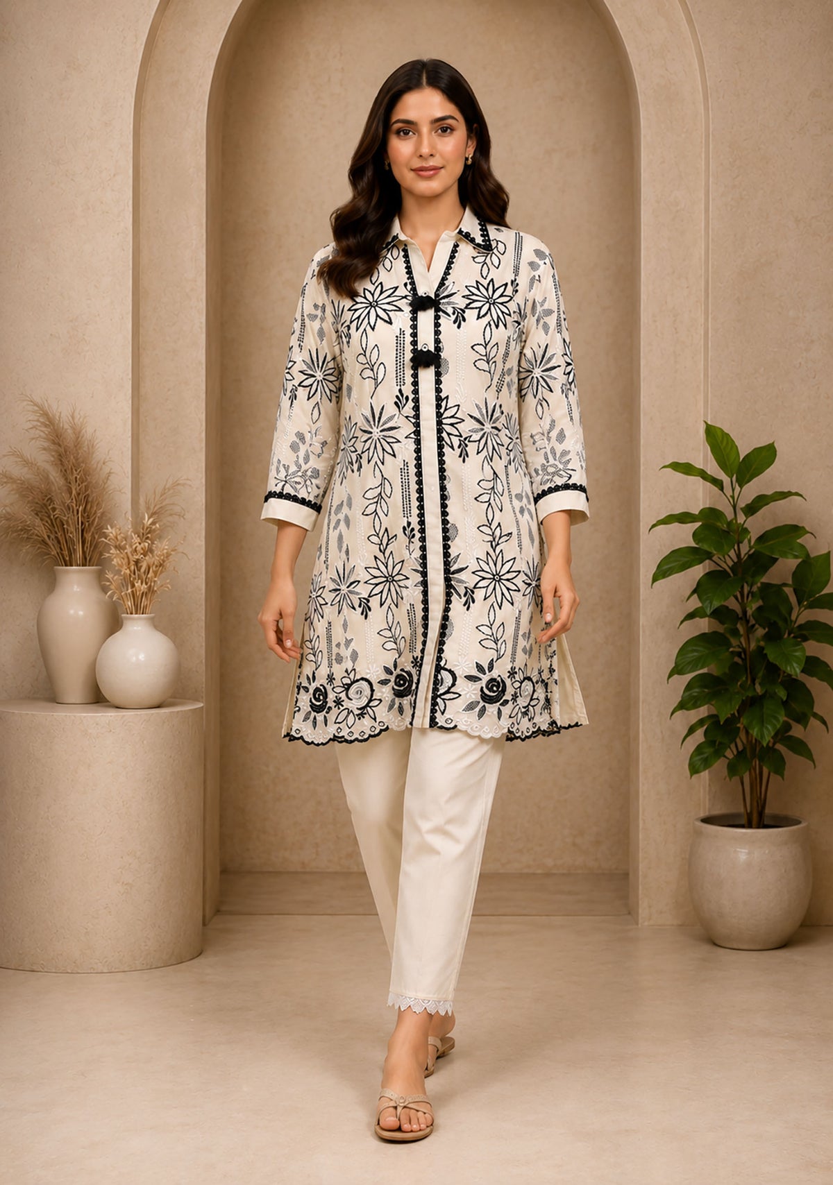 SN298 women’s long sleeve V-neck embroidered kurti set walking pose with natural drape