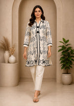 SN298 women’s long sleeve V-neck embroidered kurti set walking pose with natural drape