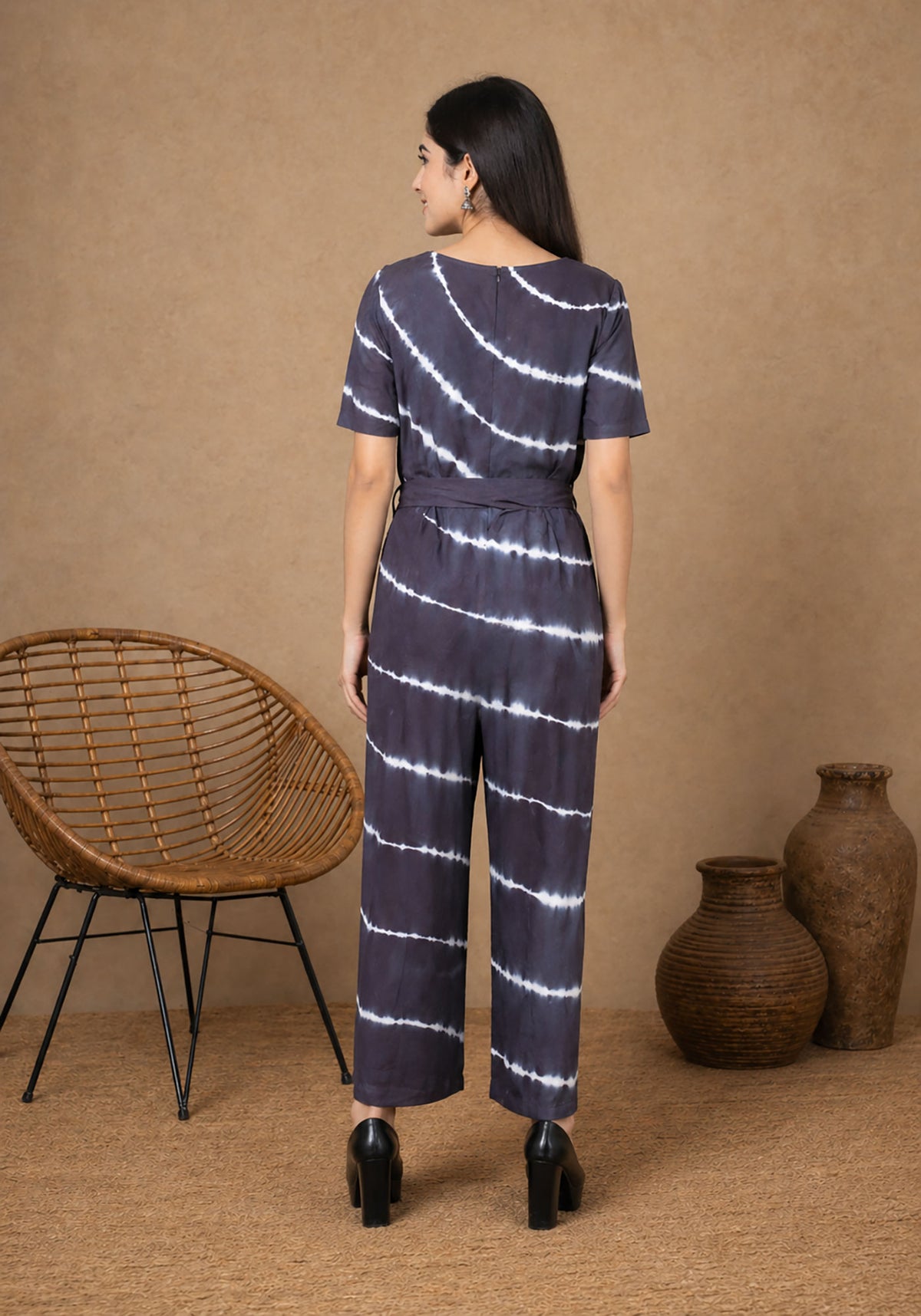SN30 women’s black and white tie-dye V-neck jumpsuit with short sleeves – back pose