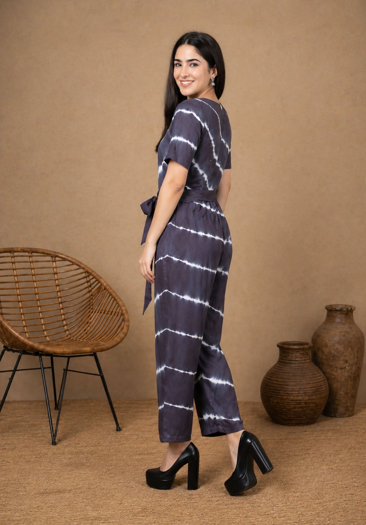 SN30 women’s black and white tie-dye V-neck jumpsuit with waist tie belt – side pose