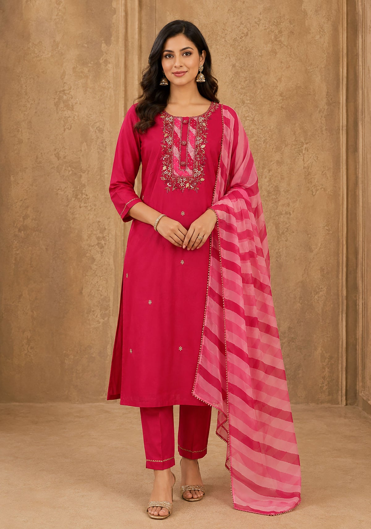 SN301 women’s pink embroidered kurta set with three-quarter sleeves and dupatta front view