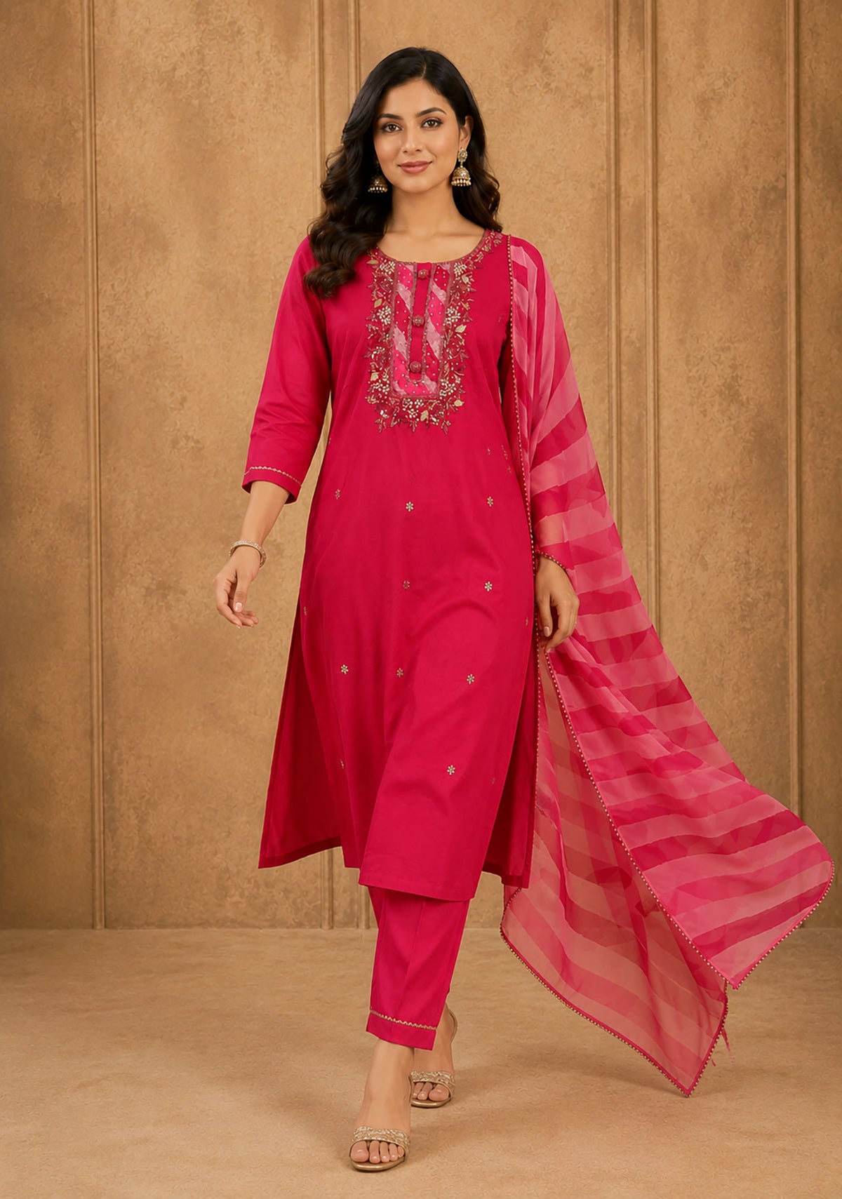 SN301 women’s pink kurta set in walking pose showing natural drape and straight silhouette
