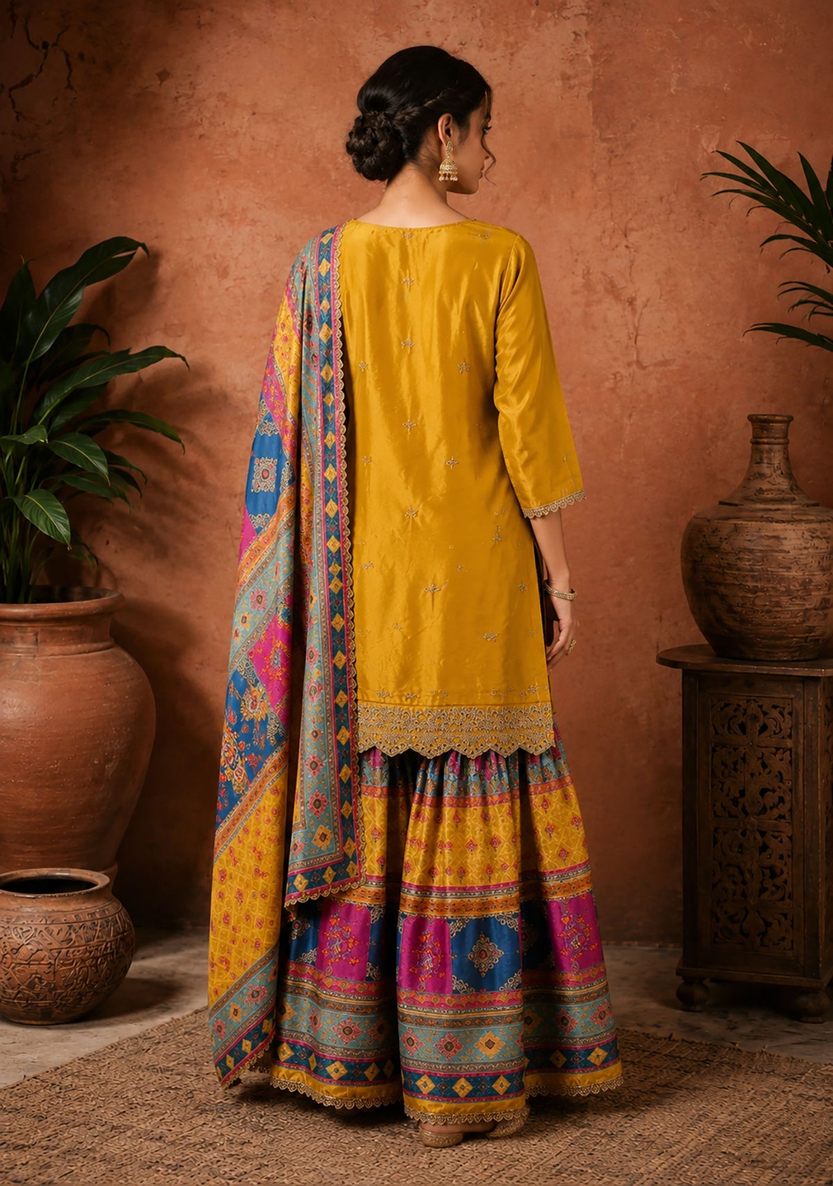 SN303 women’s mustard long sleeve embroidered kurta sharara set back pose