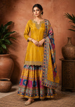 SN303 women’s mustard long sleeve V-neck embroidered kurta sharara set front pose