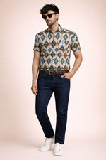 SN308 men’s beige cotton blend short sleeve tribal print shirt front view with regular fit