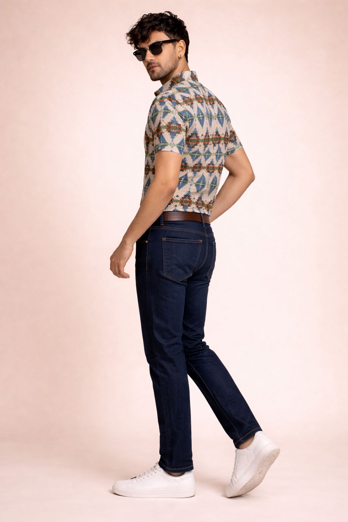 SN308 men’s beige cotton blend short sleeve tribal print shirt side view showing fit and sleeve detail