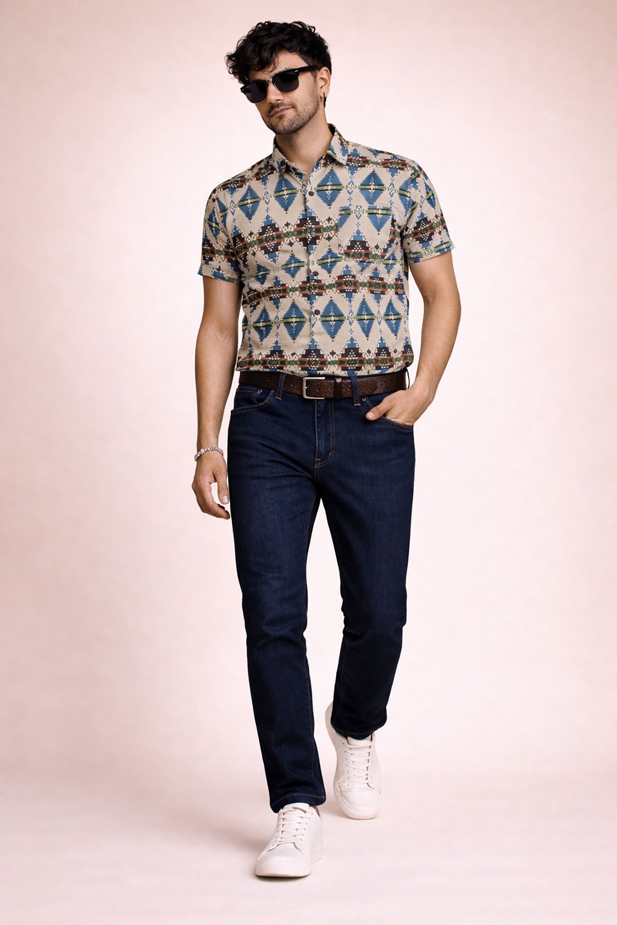 SN308 men’s beige cotton blend tribal print shirt styled in walking pose with natural drape and movement