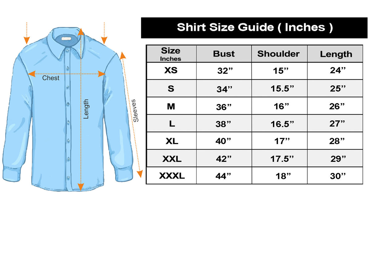 SN308 men’s shirt size chart for cotton blend short sleeve shirt with measurement guide