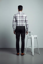 SN309 men’s white grey cotton checked slim fit shirt back pose showing tailored fit and full sleeves