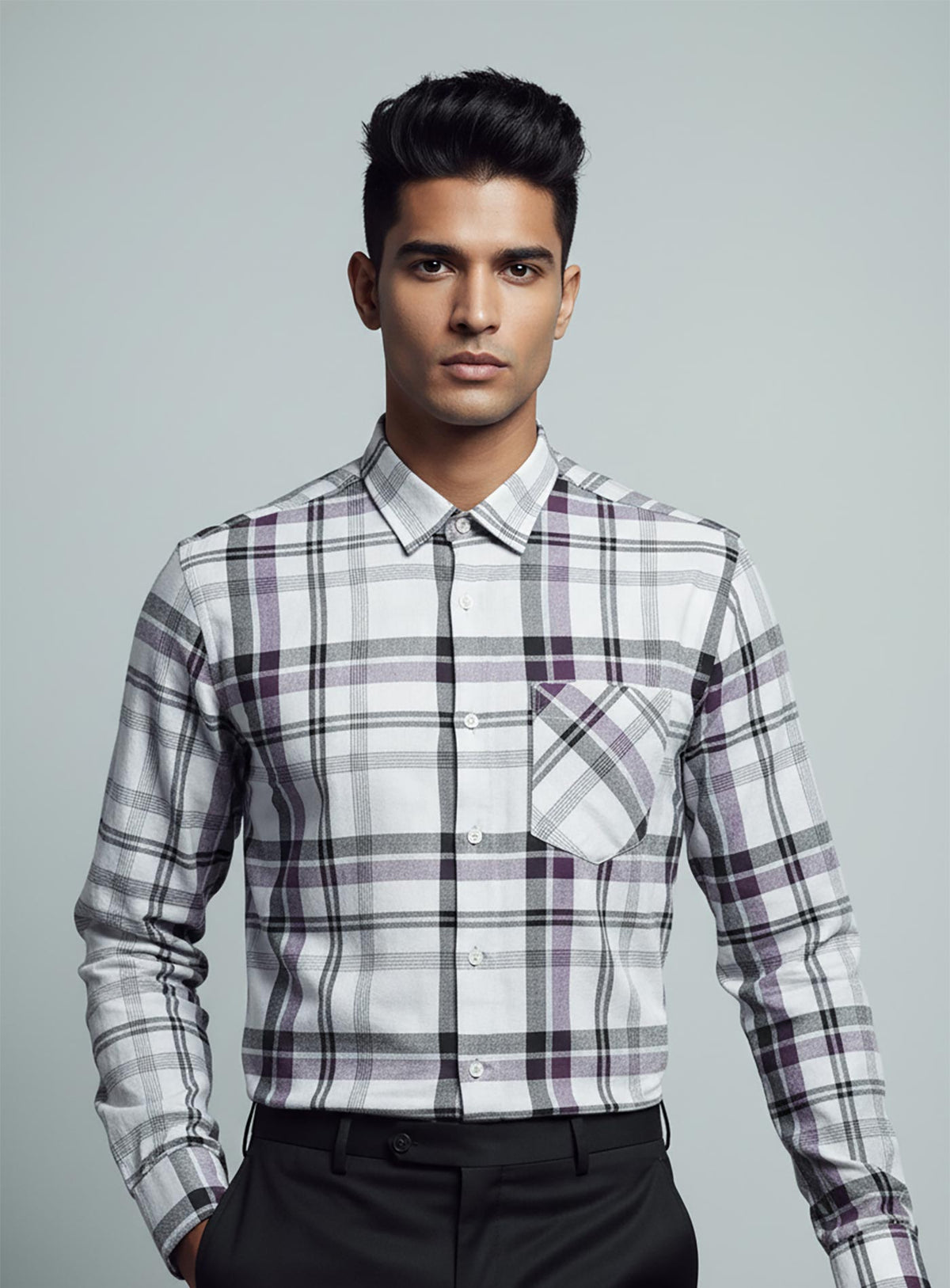 SN309 men’s white grey cotton checked slim fit shirt closeup showing point collar and chest pocket detail