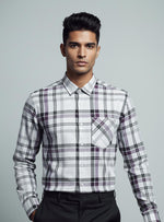 SN309 men’s white grey cotton checked slim fit shirt closeup showing point collar and chest pocket detail