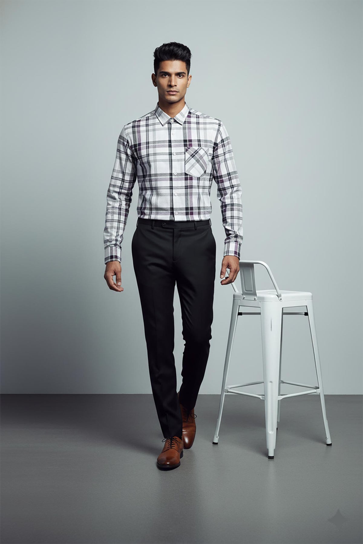 SN309 men’s white grey cotton checked slim fit shirt walking pose styled with black trousers