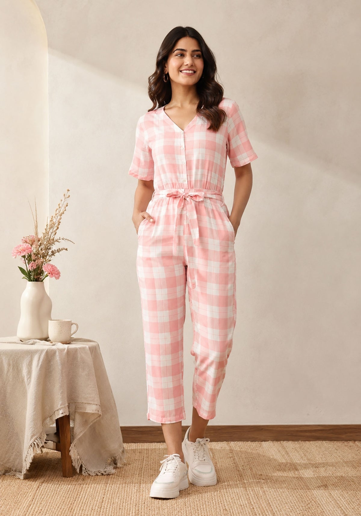 SN31 women’s pink gingham V-neck short sleeve jumpsuit with waist tie – front pose