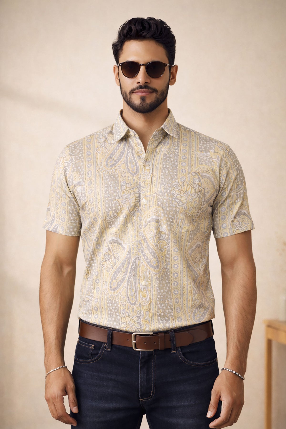 SN311 men’s yellow paisley cotton blend shirt closeup showing fabric texture and print