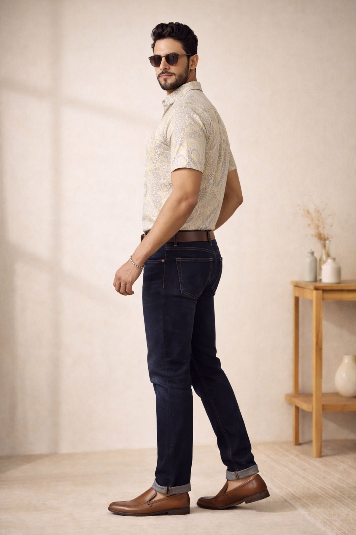 SN311 men’s yellow paisley printed cotton blend shirt side pose showing fit and silhouette