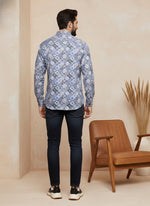 SN312 men’s blue grey mosaic print cotton blend long sleeve shirt back pose view
