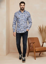 SN312 men’s blue grey mosaic print cotton blend slim-fit shirt walking pose with denim