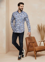 Standing pose of blue grey mosaic print slim-fit cotton shirt styled with dark jeans and sport sneakers.