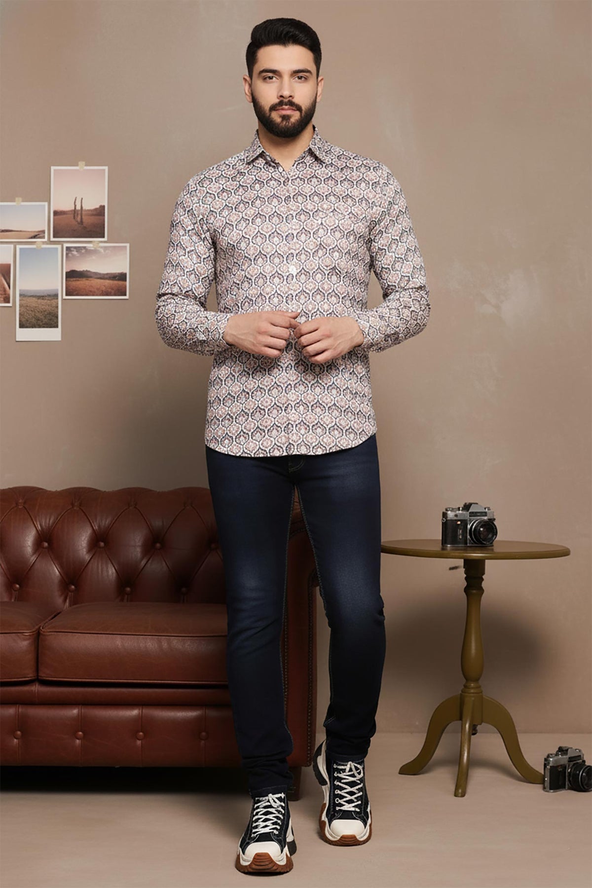 SN314 men’s beige cotton blend geometric print slim fit long sleeve shirt front pose