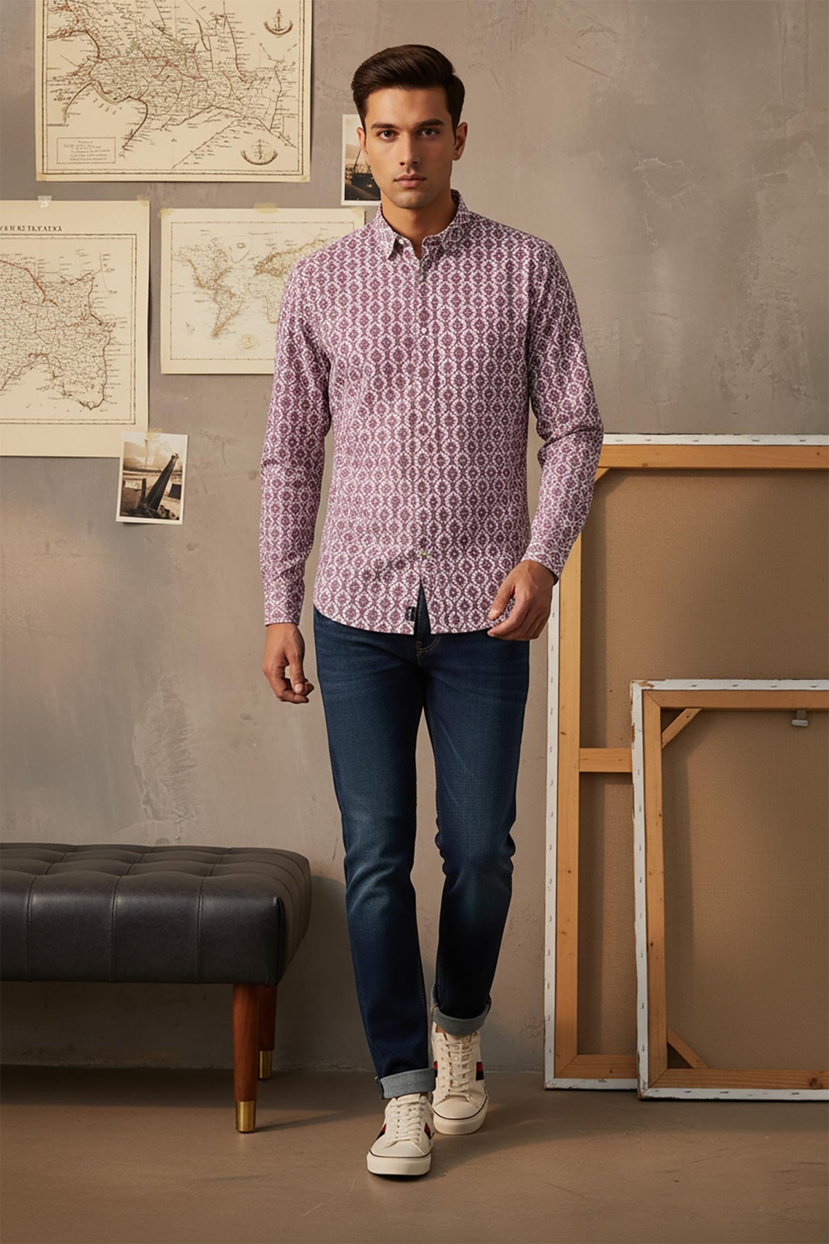 Model walking in purple printed cotton shirt with slim jeans and white sneakers, showcasing casual everyday styling.