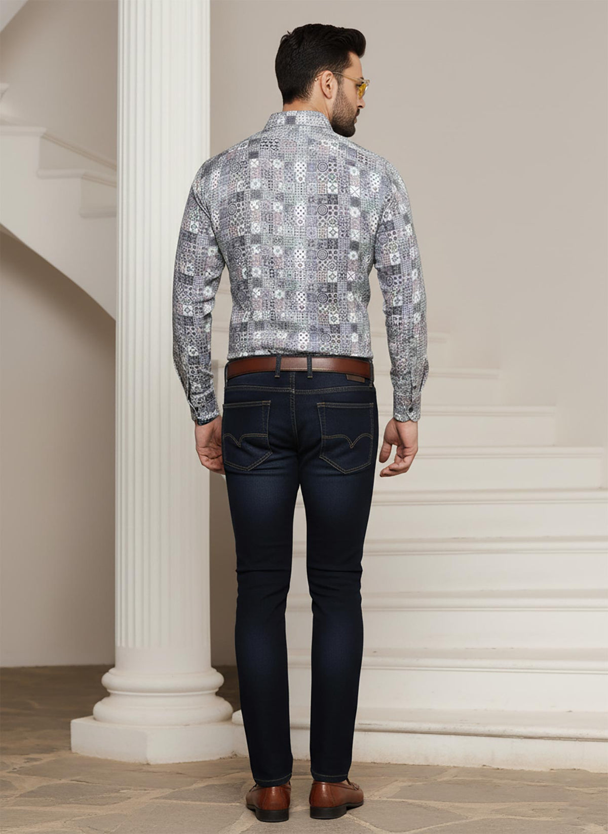 SN318 men’s grey cotton blend mosaic tile print slim fit shirt back pose full sleeves