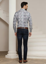 SN318 men’s grey cotton blend mosaic tile print slim fit shirt back pose full sleeves