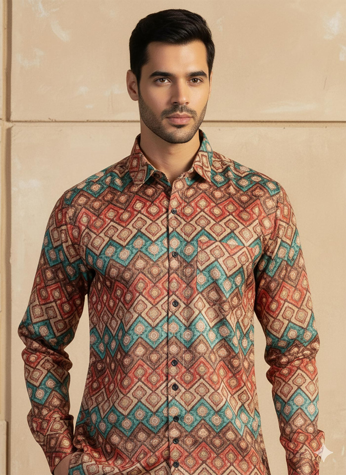 SN319 multicolor cotton blend geometric print men shirt closeup showing collar and chest pocket