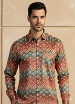 SN319 multicolor cotton blend geometric print men shirt closeup showing collar and chest pocket