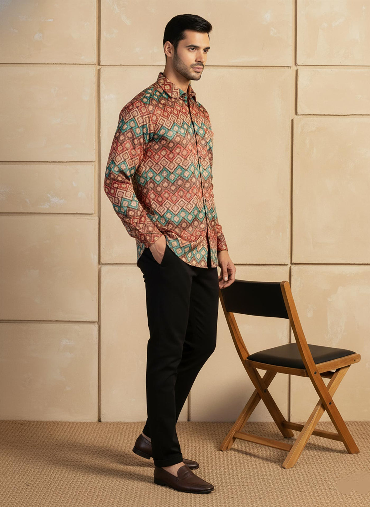 SN319 multicolor cotton blend slim fit men shirt side pose with long sleeves and geometric print