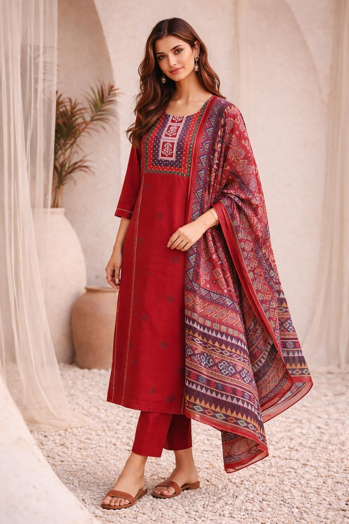 SN32 women’s rust red cotton kurta pant dupatta set side pose with straight silhouette.