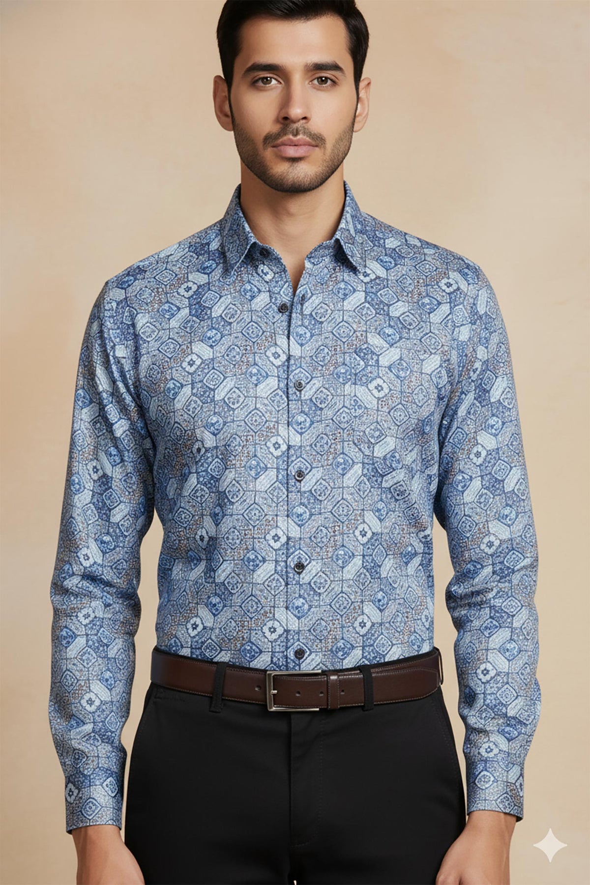SN320 blue cotton men’s long sleeve shirt closeup featuring mosaic geometric tile print and collar detail