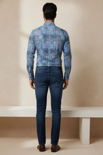 SN323 blue cotton blend long sleeve mosaic print men’s shirt back pose with slim fit silhouette