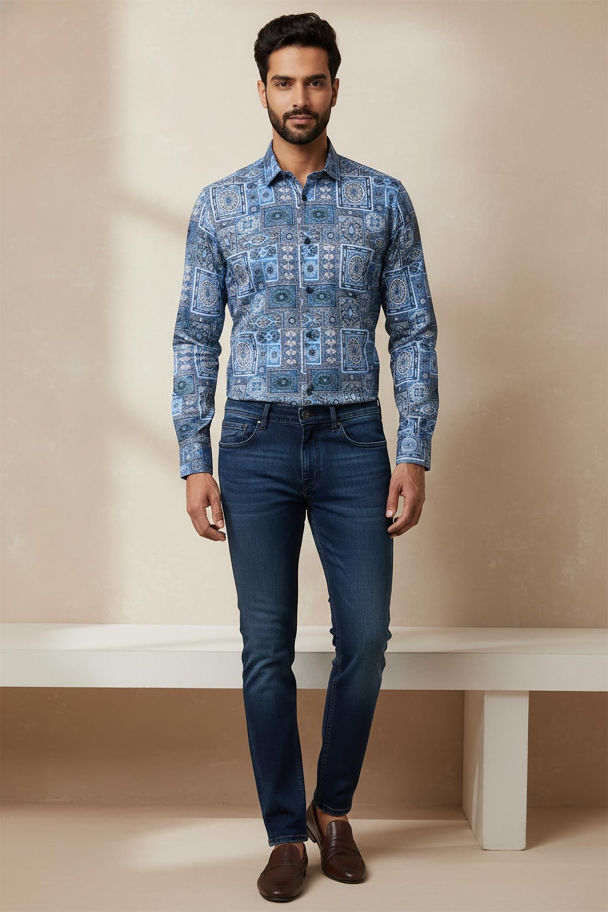 SN323 blue cotton blend long sleeve mosaic print slim fit men’s shirt front pose with dark denim jeans