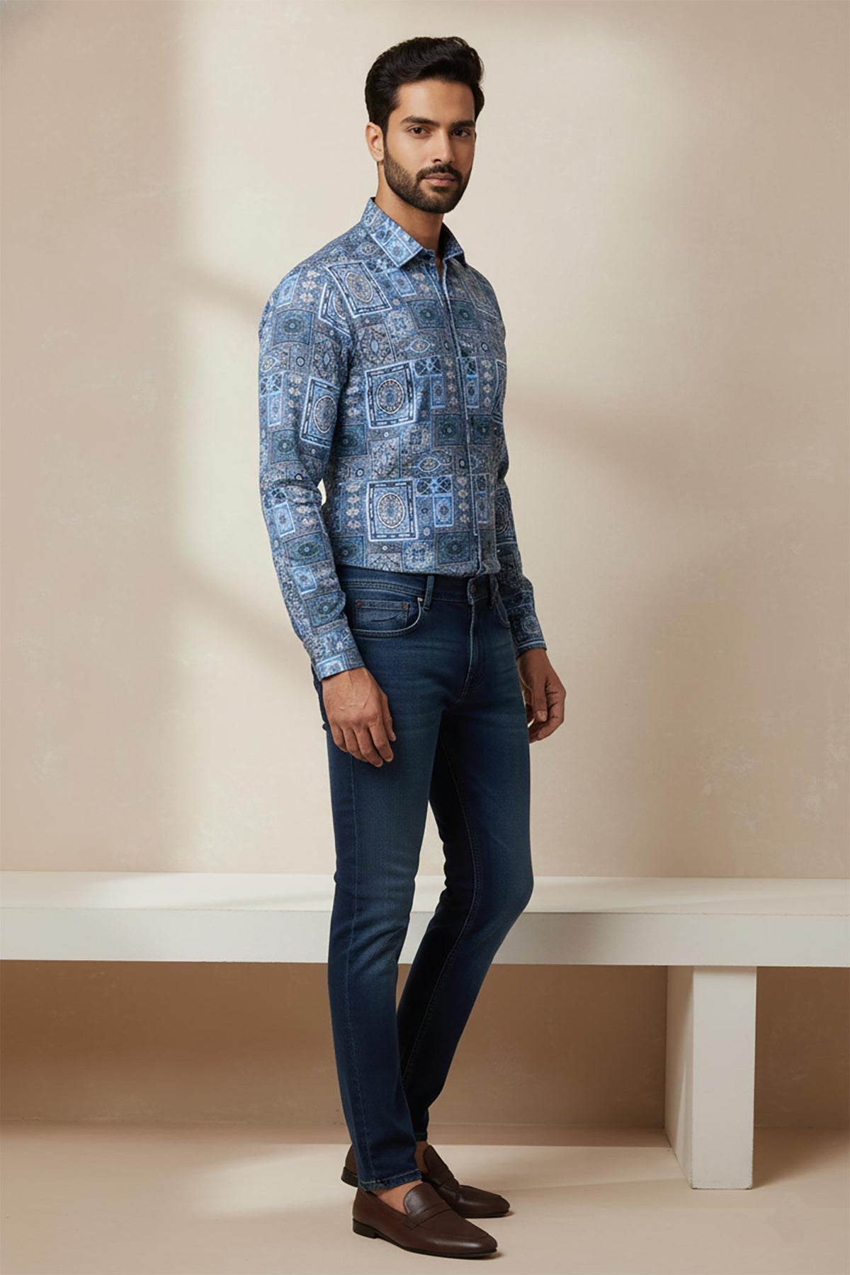 SN323 blue cotton blend slim fit long sleeve men’s shirt side pose styled with dark denim jeans