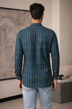SN324 men’s teal cotton blend mandarin collar shirt full sleeve slim fit back pose showing rear design