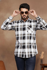 SN326 men’s long sleeve black white plaid cotton blend shirt closeup with chest pocket and point collar