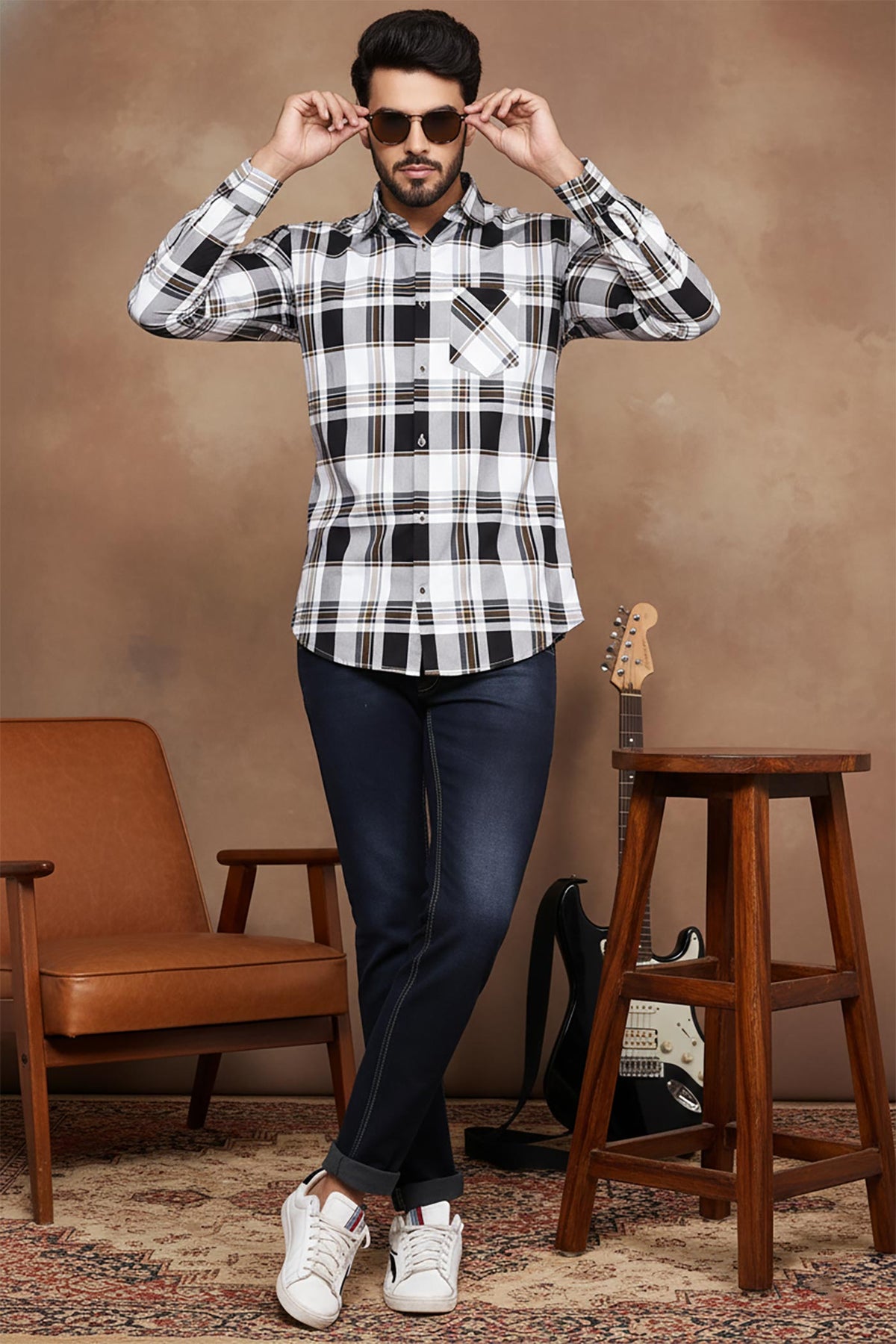 SN326 men’s black white cotton blend check shirt slim fit front pose with dark jeans and white sneakers