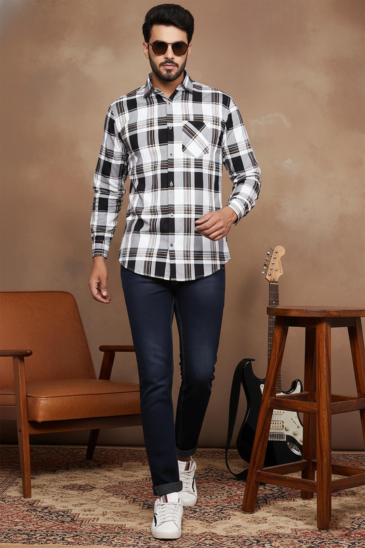 SN326 men’s black white plaid cotton blend shirt walking pose paired with dark denim and sneakers
