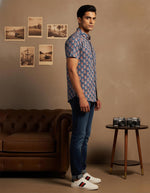 SN326 men’s slate blue cotton floral print short sleeve shirt side pose with slim fit silhouette