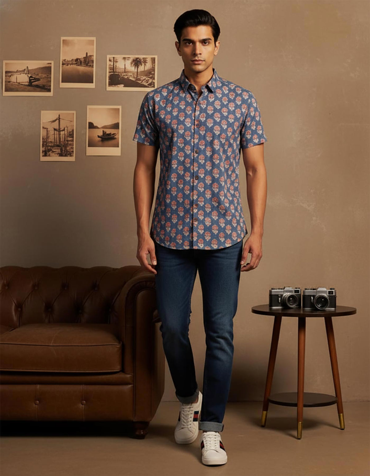 SN326 men’s slate blue cotton floral print short sleeve shirt walking pose with rolled denim styling