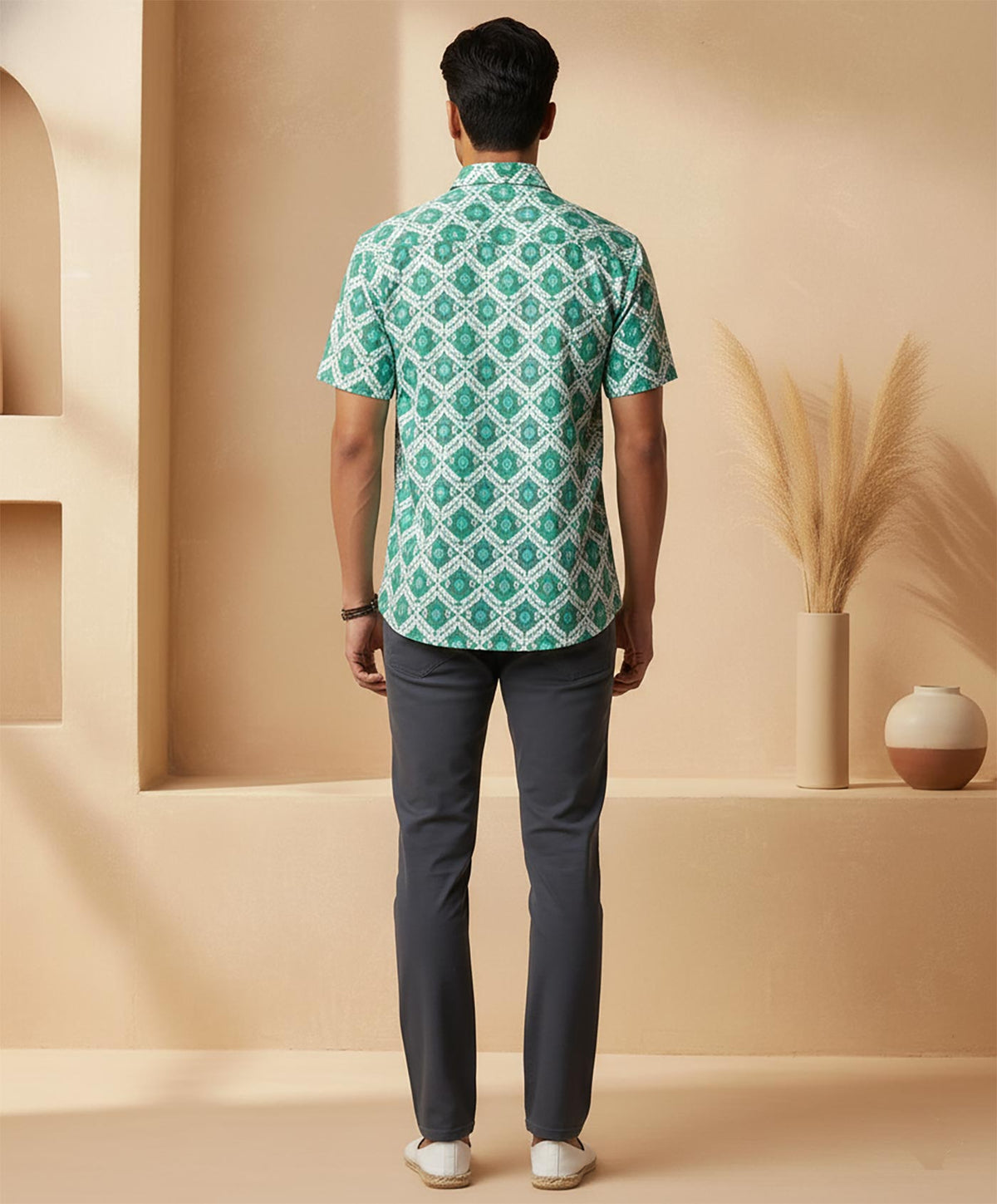 SN328 emerald green cotton geometric printed shirt for men, short sleeve back pose showing full print pattern