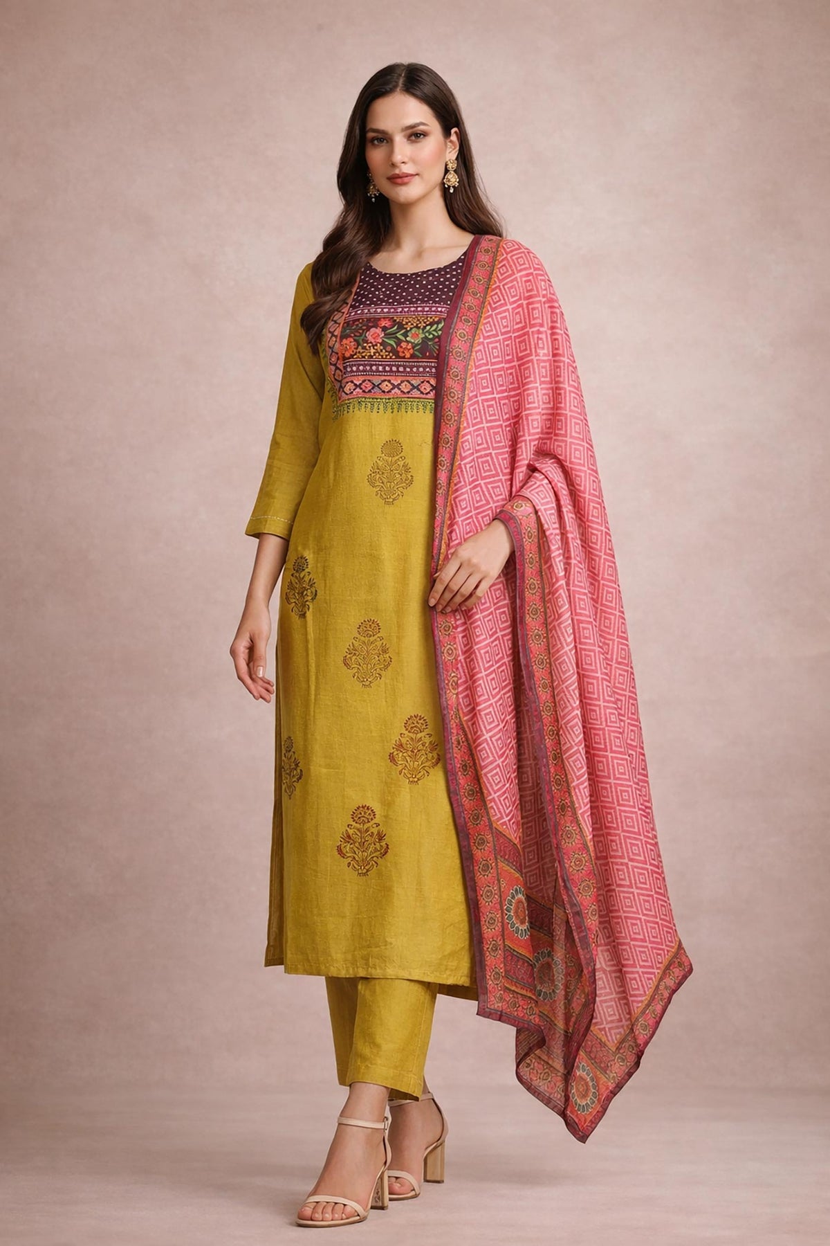 Mustard yellow kurta set with printed yoke, straight pants, pink dupatta, front view with nude heels